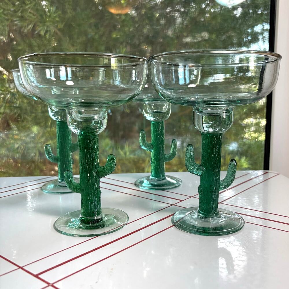 Vintage Set of 4 Cactus Stem Margarita Glasses Mouth Blown Glass